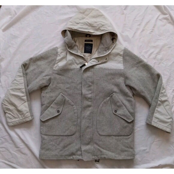 NAUTICA Wool Blend Gray Parka Coat Jacket With Hood Winter Mens Size Large - Picture 1 of 15